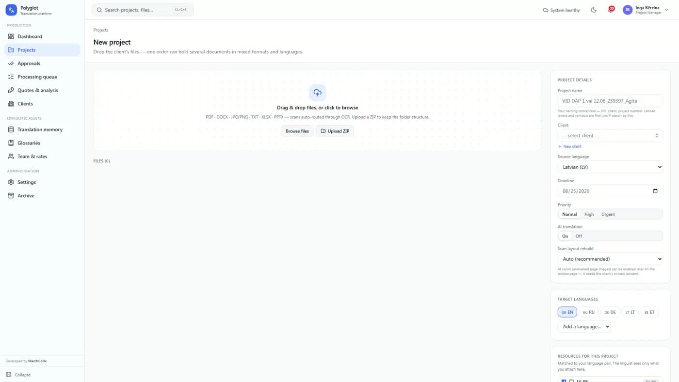A new order in a minute: the system picks the client's translation memory and glossaries, detects the document type and calculates the price up front