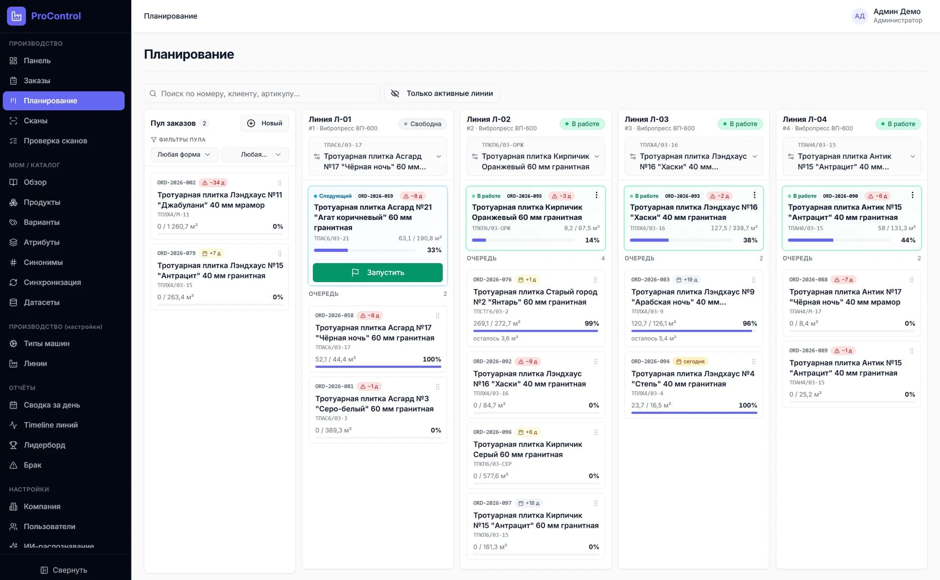 Planning: a Kanban board of orders by production line with live progress from the scans