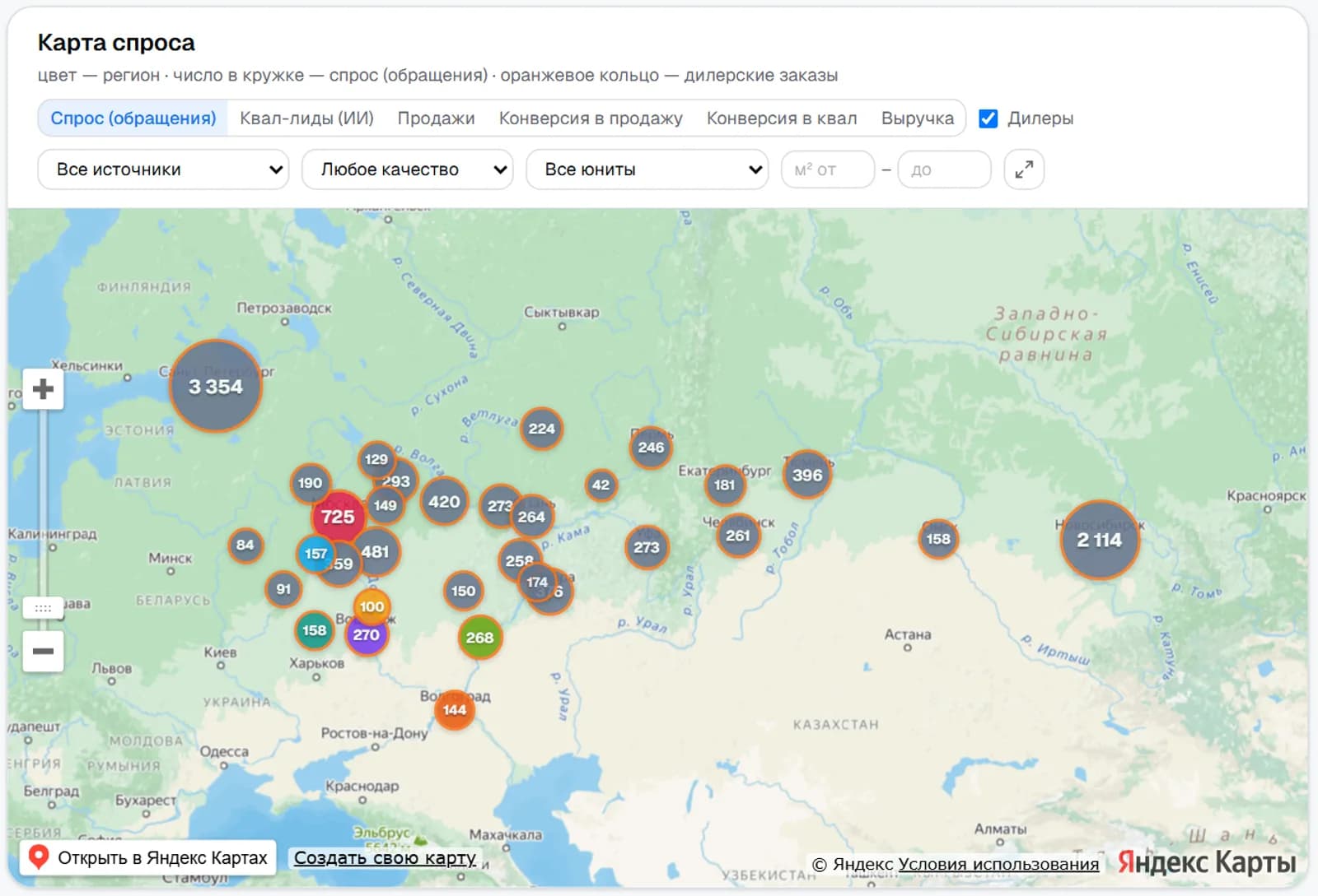 Demand map by city and dealer network: AI pulls the city out of every conversation, so you can see where to put ad spend and where to open a warehouse or bring on a local representative
