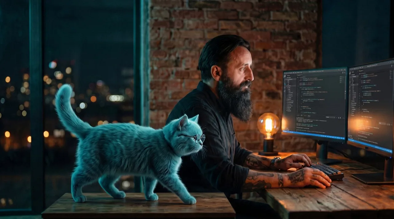 Un fundador del estudio trabajando de noche en un proyecto con las luces de la ciudad de fondo, fotograma del vídeo