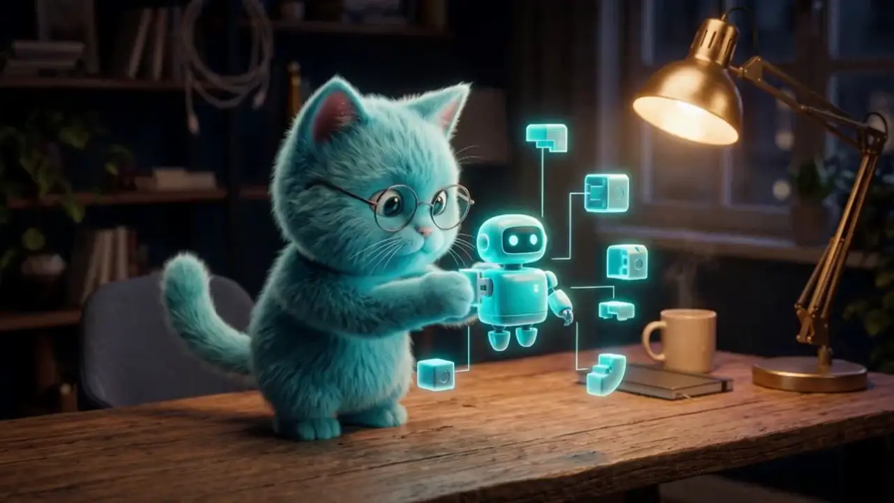 The cat mascot building a small robot